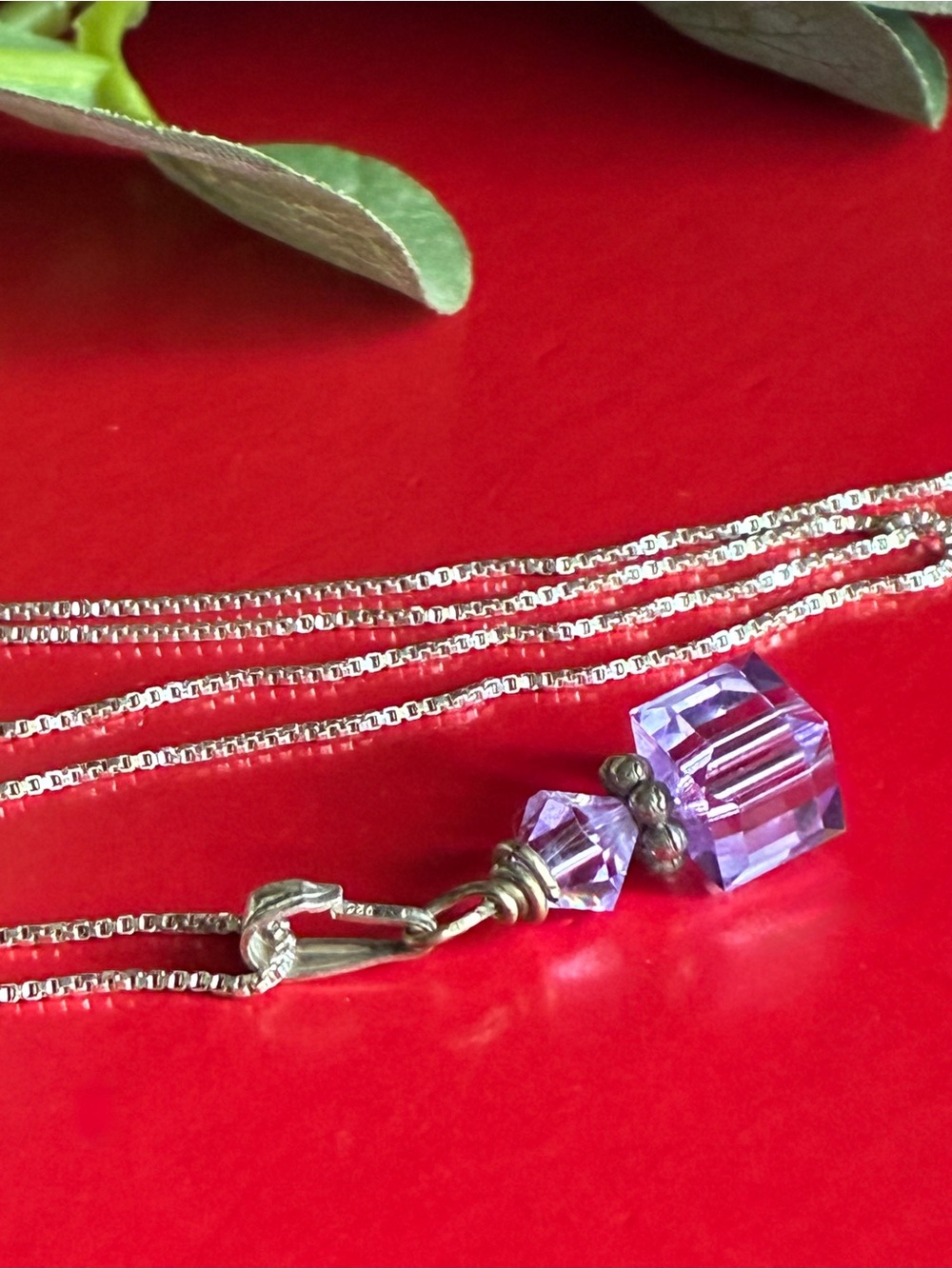 925 Silver Necklace,Elegant Purple Crystal Cube Pendant on Silver Chain Necklace - Picture 4 of 7